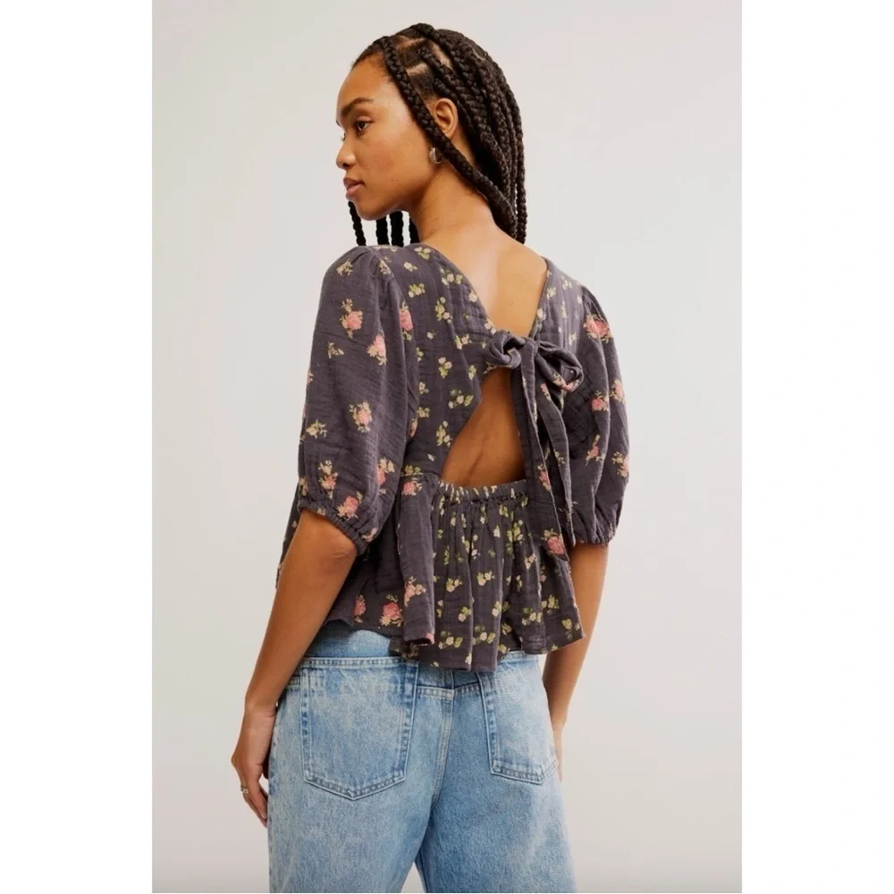 Free People Chloe Printed Top Washed Black Floral Large NWT Cottage Bow Gauze